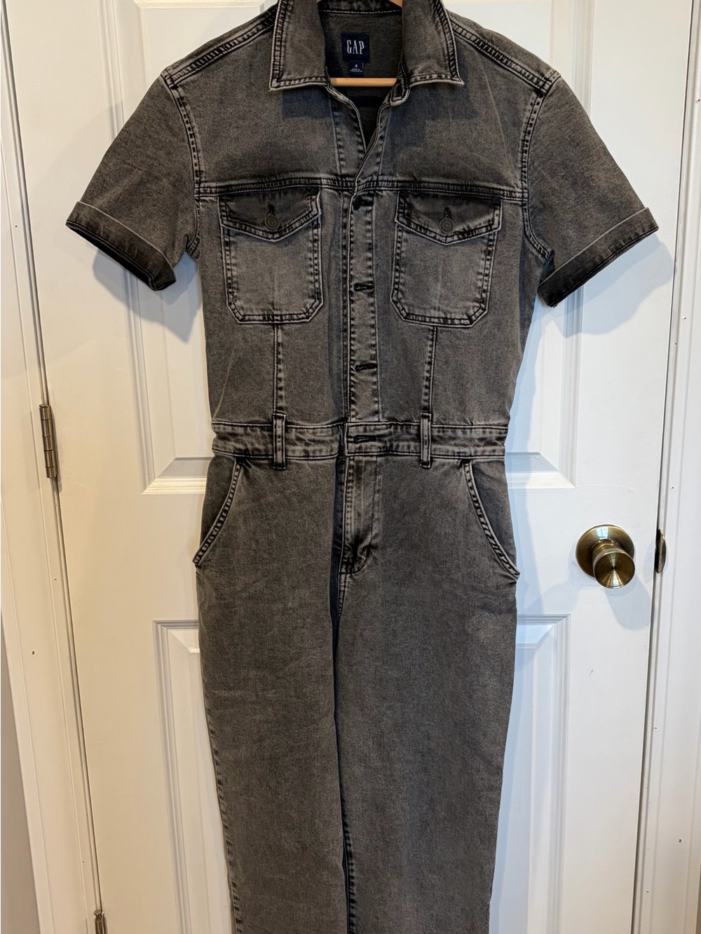 GAP Washed Black Short-Sleeve Denim Jumpsuit